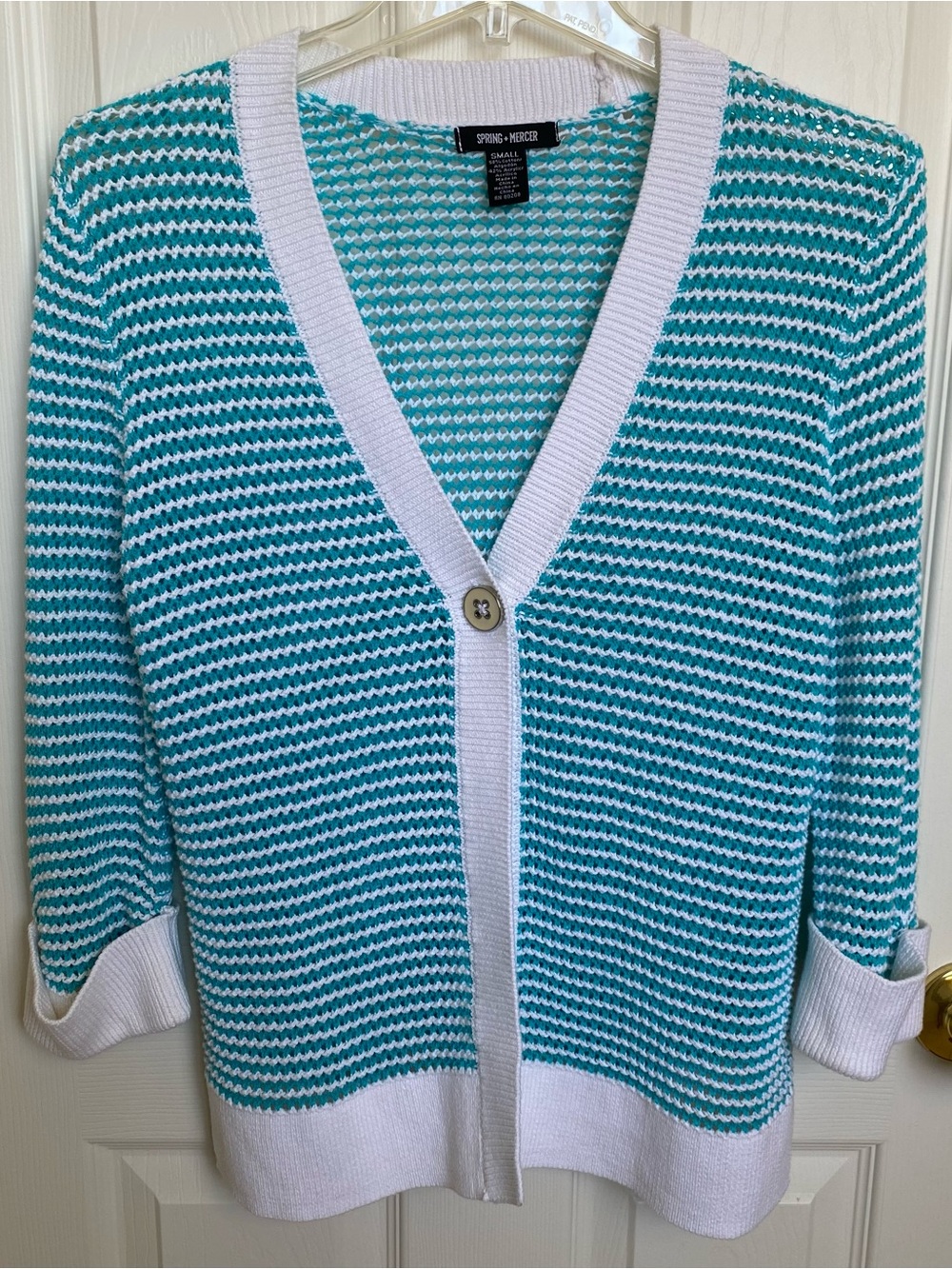 Teal White Striped V-Neck Cardigan Lightweight Open Front Summer Coastal Sz S